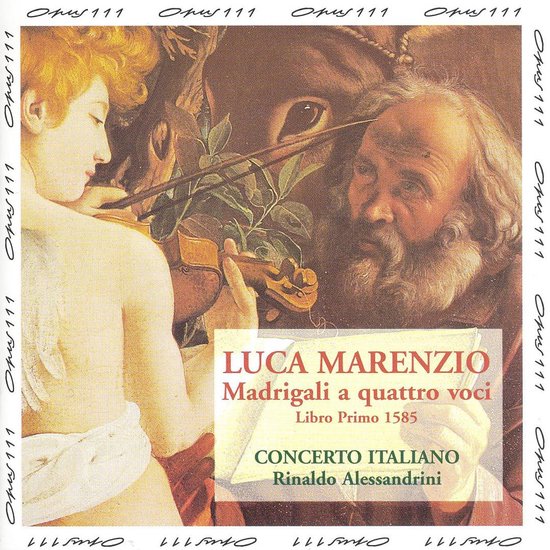 Een schilderij van een jongen met een viool, met op de achtergrond een man en een ezel. Tekst: Luca Marenzio Madrigali a quattro voci Libro Primo 1585 CONCERTO ITALIANO Rinaldo Alessandrini.