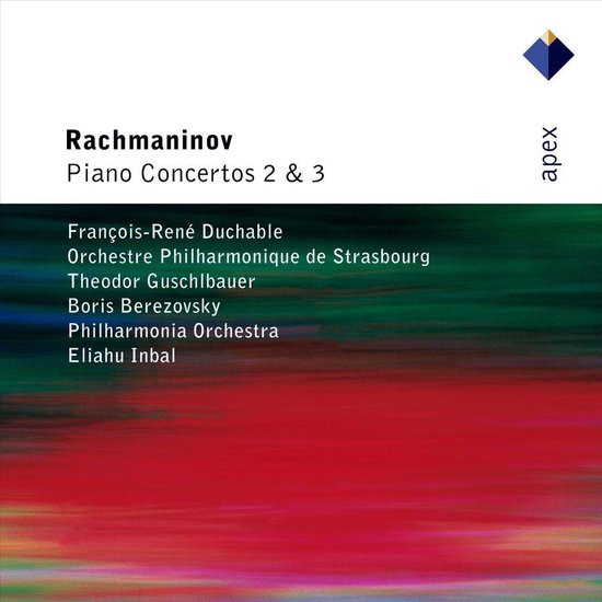 Albumhoes met abstracte rode en groene kleuren, met de tekst "Rachmaninov Piano Concertos 2 & 3".