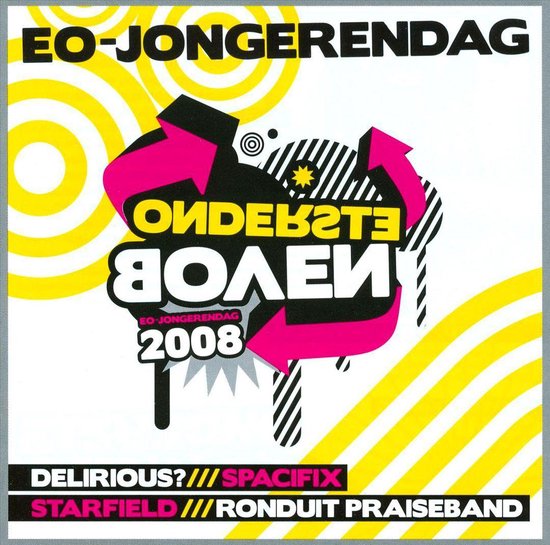 EO-Jongerendag 2008 poster met opvallende gele en witte cirkels en strepen. In het midden de tekst "Ondebate Volley" met roze pijlen.