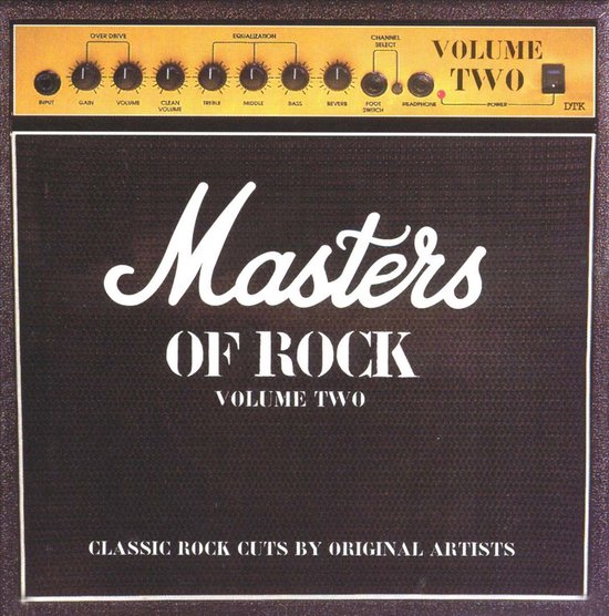 Zwarte gitaarkast met "Masters of Rock Volume Two" in witte letters. Bovenkant heeft knoppen voor "Over Drive", "Equalization" en "Channel Select".