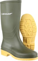 Groene Dunlop regenlaars met gele zool, naast de gele profielzool met maat 33.
