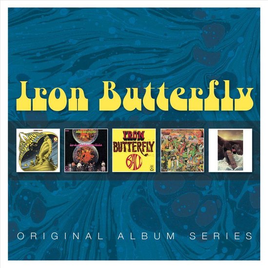 Iron Butterfly Original Album Series met vijf albumhoezen in een collage op een blauwe achtergrond.