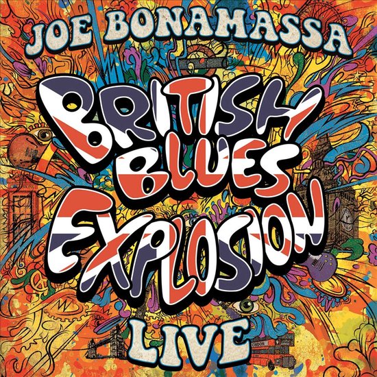 Albumhoes van Joe Bonamassa, British Blues Explosion Live, met psychedelische kleurrijke patronen en Britse vlagdetails.