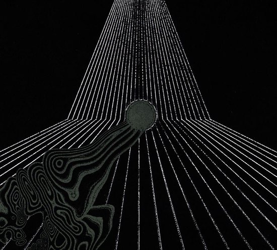 Abstracte, zwart-wit afbeelding van een cirkel die wordt aangeraakt door een gestreepte, gebogen vorm, met lijnen die van de cirkel wegstralen.