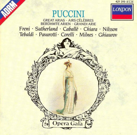 Albumhoes met de tekst "Puccini Great Arias", "Opera Gala" en namen van zangers, met een illustratie van een vrouw in een jurk.