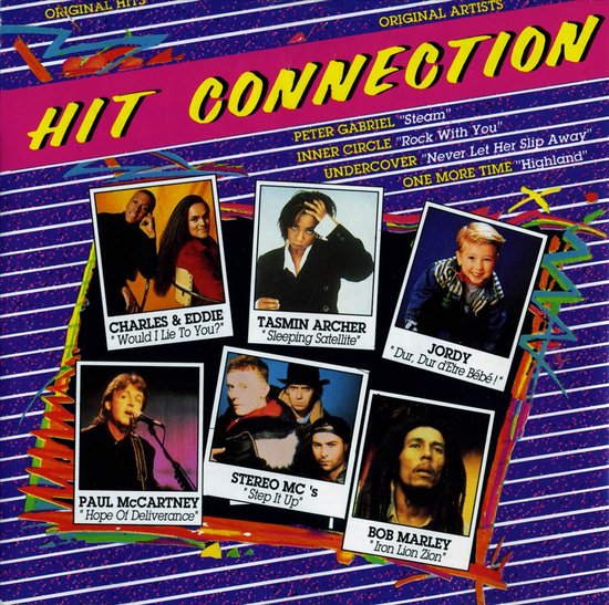 Hit Connection albumhoes met foto's van diverse artiesten op een paarse achtergrond met grafische lijnen.