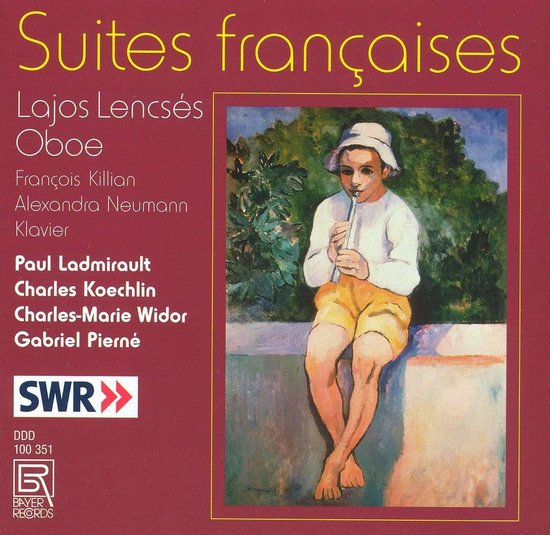 Albumhoes "Suites françaises" met een schilderij van een jongen met een hoed die in de open lucht op een hobo blaast.