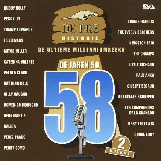 Albumhoes met titel 'De Pre Historie De Jaren 50', jaartal '58' en een microfoon.