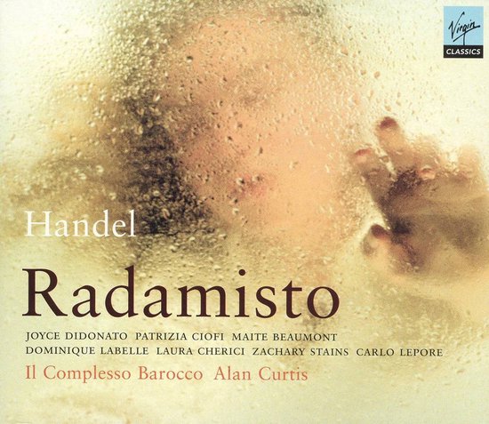CD-hoes Handel Radamisto met vage handafdruk op beslagen glas, Virgin Classics logo.