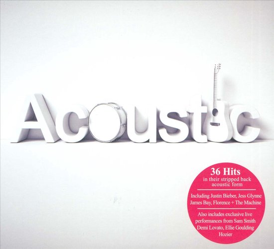 Witte 3D-tekst 'Acoustic' met een gitaar en trommel, inclusief roze sticker met 36 akoestische hits.