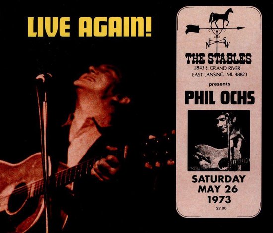 Albumhoes 'Live Again!' met een man die gitaar speelt en zingt, met concertdetails.