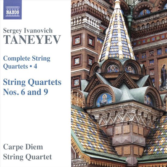 Cover van Sergey Ivanovich Taneyev 'Complete String Quartets • 4 String Quartets Nos. 6 and 9'. Naxos-logo rechtsboven. Architectuur op de voorgrond.