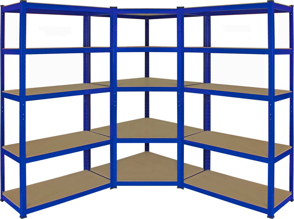 3 x T-Rax Stellingkasten - 1 hoek stelling + 2 rechte stellingkasten - 90 x 45 x 180 cm per unit - Blauw - 100% boutloos - 265 kg per plank - opbergrek metaal