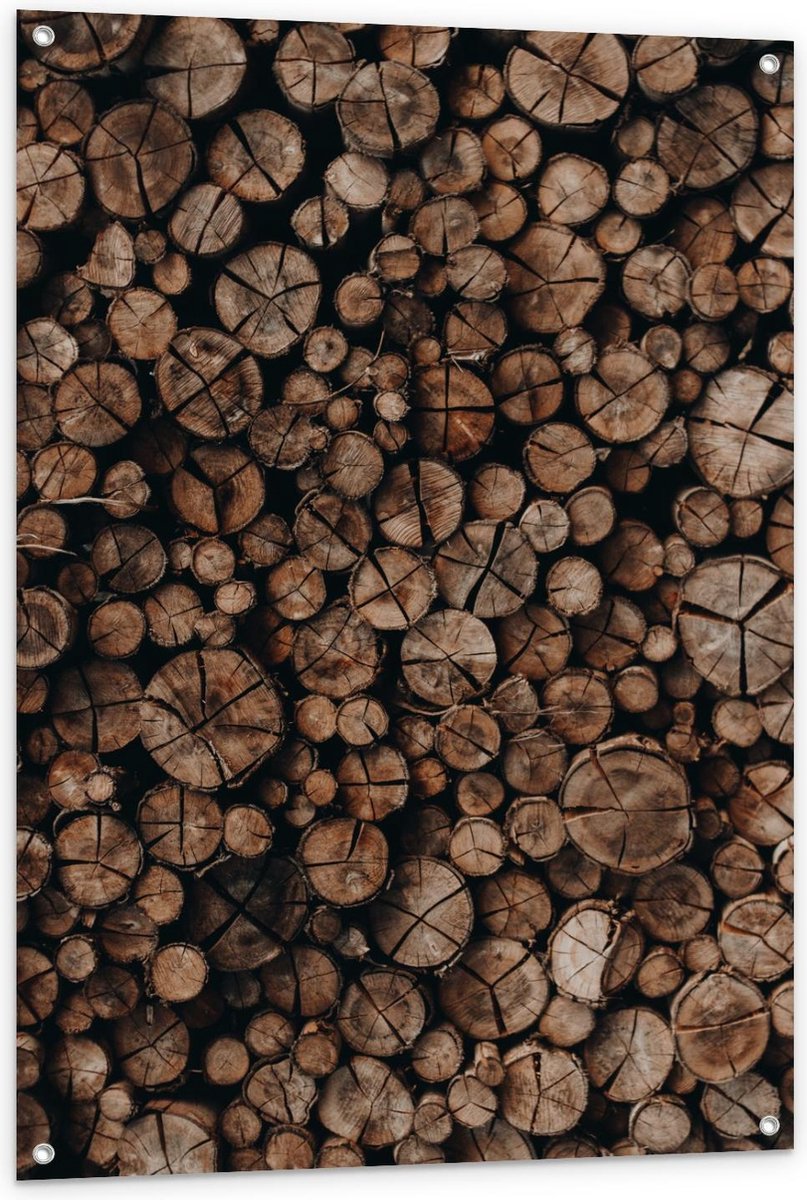 Tuinposter – Houten Palen Opgestapeld - 80x120cm Foto op Tuinposter (wanddecoratie voor bu