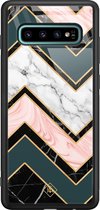 Samsung S10 Plus hoesje glass - Marmer triangles | Samsung Galaxy S10+ case | Hardcase backcover zwart