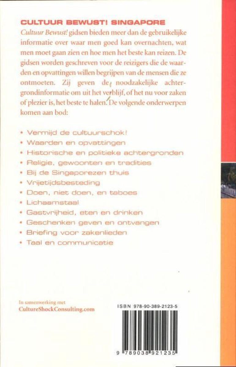 Achterpagina met een lijst van onderwerpen voor de gids "Cultuur Bewust! Singapore", ISBN en barcode.