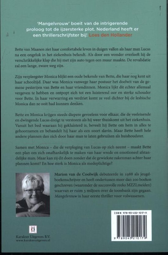 Achterkant van het boek 'Mangelvrouw' met een foto van Marion van de Coolwijk.
