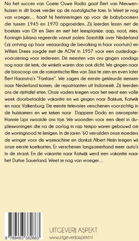 Achterpagina van het boek 'Weet je nog van vroeger?' met tekst en een barcode.