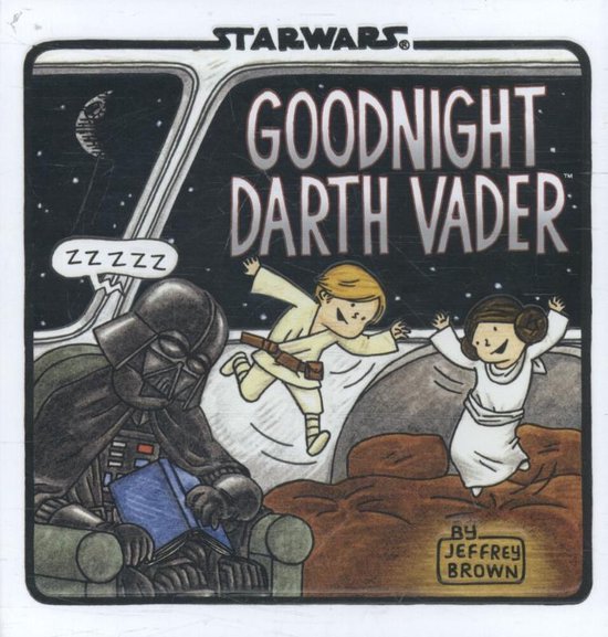 Het boek 'Goodnight Darth Vader' met Darth Vader die bij kinderen op schoot zit. Luke en Leia springen op de bedden.