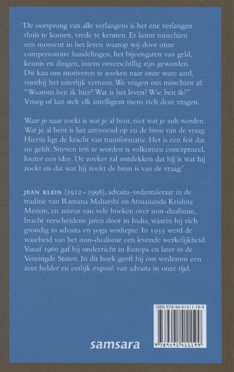 Achterzijde van het boek 'Ik Ben' door Jean Klein, met blauwe kaft en tekst.