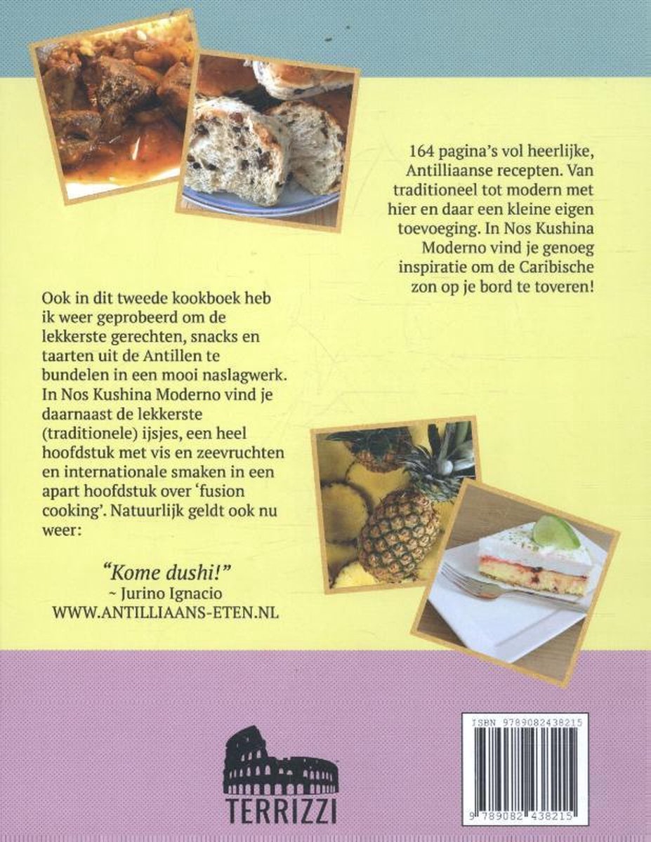 Achterkant boek met tekst en afbeeldingen van eten, ananas en cake. Titel: 'Nos Kushina Moderno'.