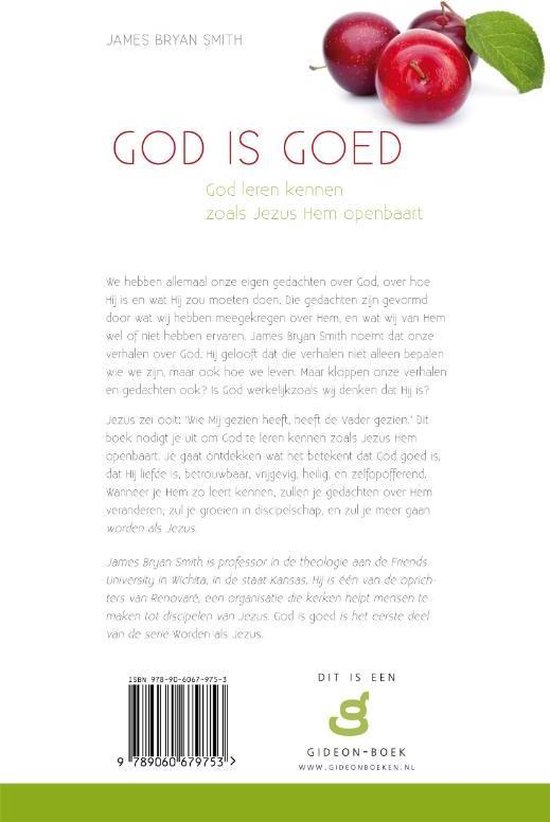 Boekrug met paarse pruimen, titel 'GOD IS GOED'.