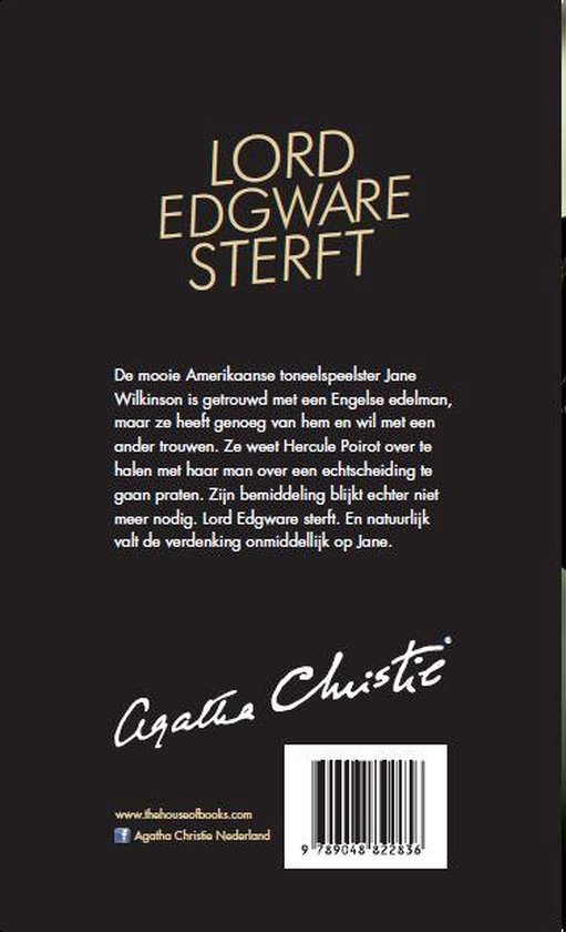 Boekomslag 'Lord Edgeware sterft' van Agatha Christie. Zwarte achtergrond met titel en tekst. Handtekening Agatha Christie.