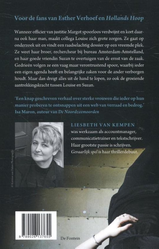 Boekomslag achterkant met tekst en foto van auteur Liesbeth van Kempen.