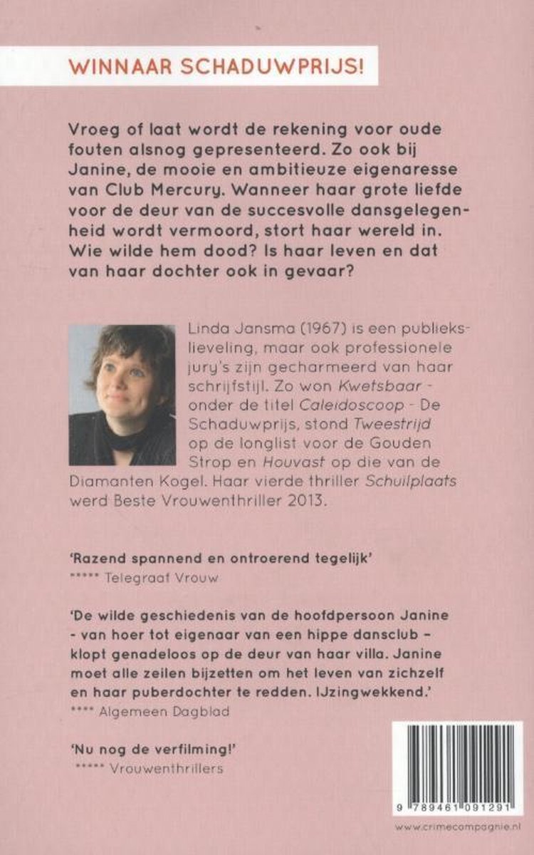 Boekcover met foto van schrijfster Linda Jansma en tekst over 'Kwetsbaar'.