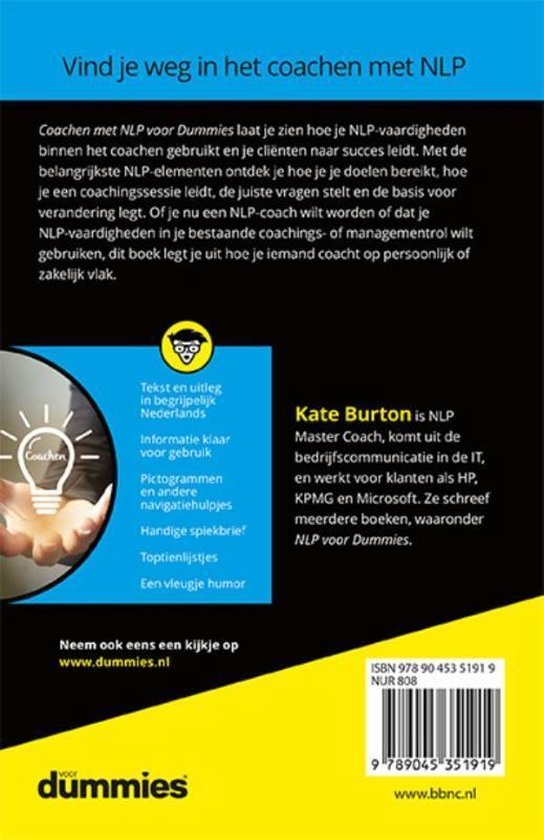 Achterkant boek 'Coachen met NLP voor dummies' met een hand die een gloeilamp met 'Coachen' omhoog houdt. Inclusief auteursinformatie en ISBN.