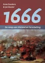 Boek '1666 - De ramp van Vlieland en Terschelling'. Cover met rode achtergrond, jaar 1666 in witte cijfers. Afbeelding van brandende schepen.