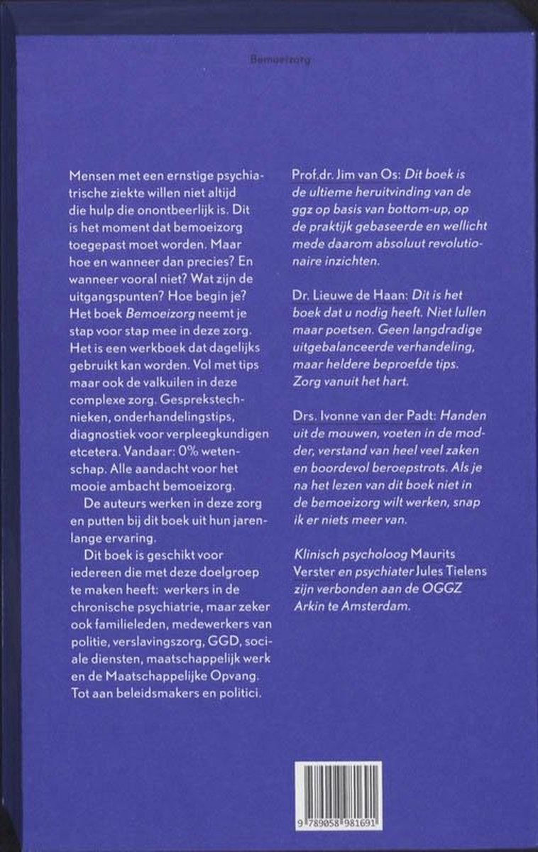 Achterkant van het boek 'Bemoeizorg', met tekst over het boek en auteurs.