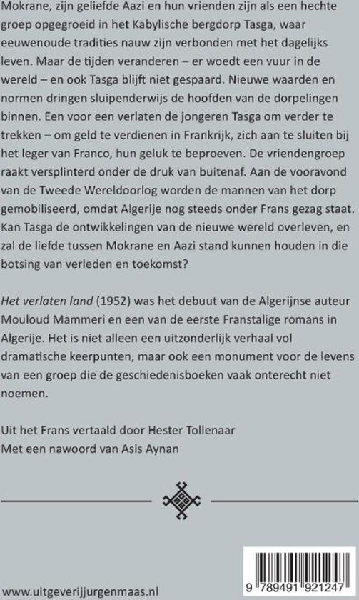Achterkant van het boek 'Het verlaten land' met tekst over de inhoud en uitgever.