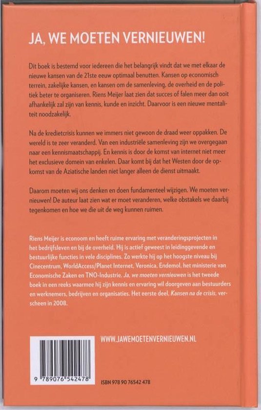 Achterkant van het boek 'JA, WE MOETEN VERNIEUWEN!' met een samenvatting en websiteadres.
