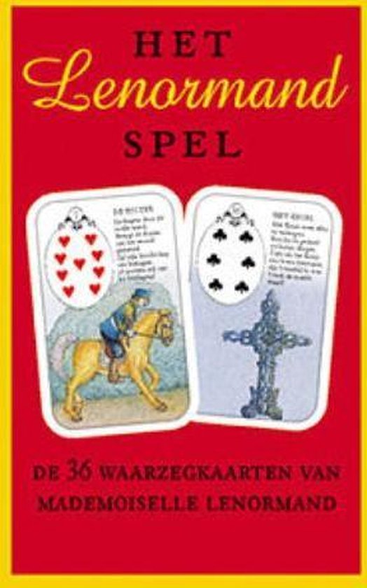 Boek kaft: 'Het Lenormand Spel' met rode achtergrond en twee kaarten.
