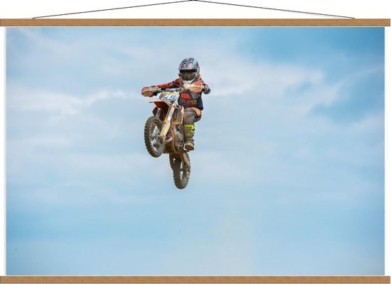 Schoolplaat – Motorcrosser in de Lucht - 120x80cm Foto op Textielposter (Wanddecoratie op Schoolplaat)