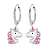 Oorbellen kinderen | Eenhoorn oorbellen | Zilveren creolen met hanger, eenhoornhoofden met roze kristallen | WeLoveSilver