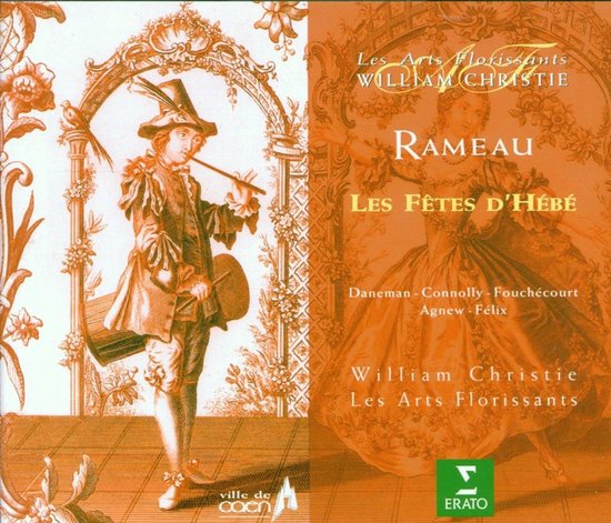 Albumhoes met barokke illustratie van een fluitspeler aan de linkerkant en "Rameau Les Fêtes D'Hébé" aan de rechterkant.