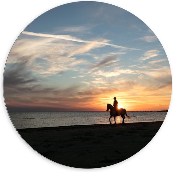 Dibond Wandcirkel - Paard met Ruiter aan het Strand - 100x100cm Foto op Aluminium Wandcirkel (met ophangsysteem)