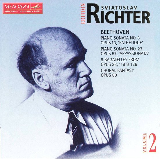 Portret van Sviatoslav Richter met tekst: Beethoven Piano Sonatas, Vol. 2, Melodiya.