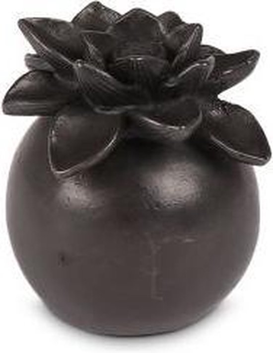 Mini-urne en bronze avec un couvercle en forme de fleur de lys. L'urne est sphérique avec une finition métallique foncée.