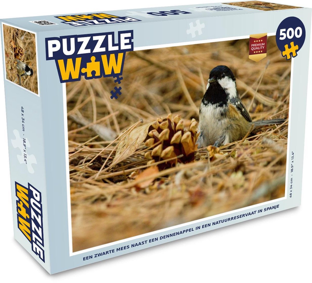 Afbeelding van product Puzzel 500 stukjes Zwarte mees - Een Zwarte mees naast een dennenappel in een natuurreservaat in Spanje - PuzzleWow heeft +100000 puzzels