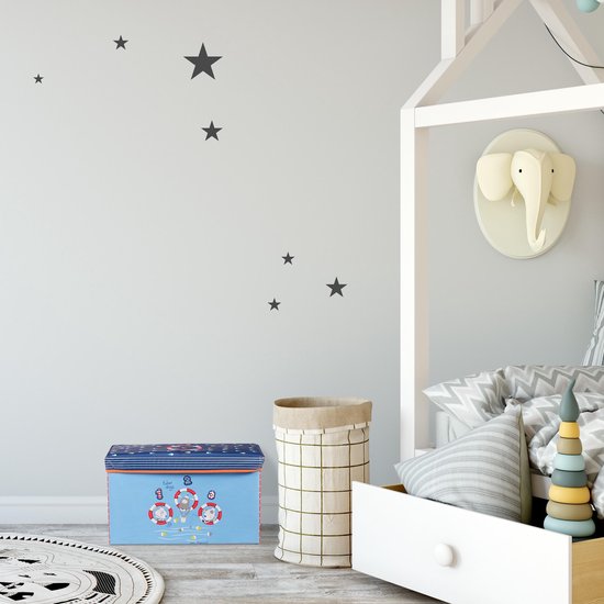 Relaxdays speelgoedkist, opvouwbare poef, 50 L, hocker met opbergruimte, met tekeningen, jongens en meisjes, turquoise