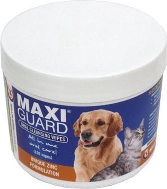 Maxi Guard Oral Cleansing Wipes, 100 doekjes, met afbeelding van een hond en kat.