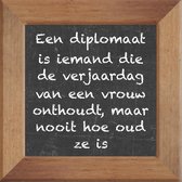 Wijsheden op krijtbord tegel over Verjaardag met spreuk :Een diplomaat is iemand die de verjaardag van een vrouw onthoudt maar nooit hoe oud ze is