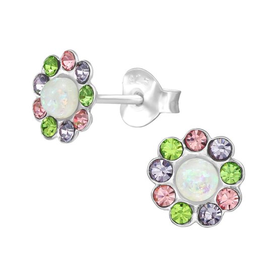 Oorbellen | Oorstekers | Zilveren oorstekers, bloem met Fire and Snow opaal en kristallen