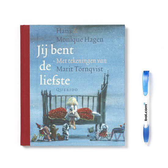 Boek 'Jij bent de liefste' op een witte achtergrond, naast een blauw-witte pen.