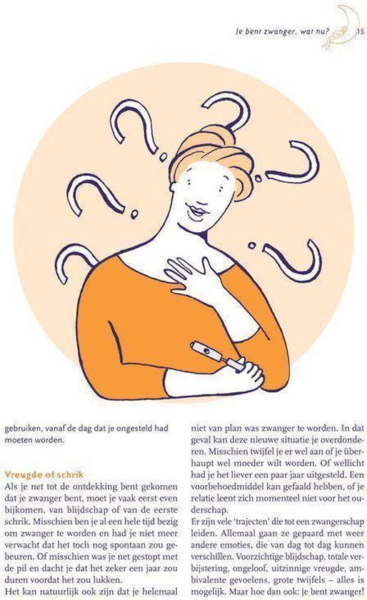Illustratie van een zwangere vrouw met veel vraagtekens, die een zwangerschapstest vasthoudt.
