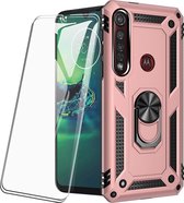 Motorola Moto G8 Plus hoesje Schokbestendige ring armor met 2X volledige schermdekking Screenprotector rose goud