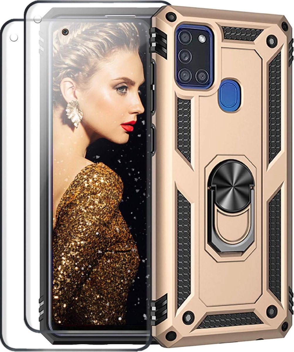 Telefoonhoesje Geschikt voor: Samsung Galaxy M21 hoesje Schokbestendige ring armor met 2X volledige schermdekking Screenprotector goud